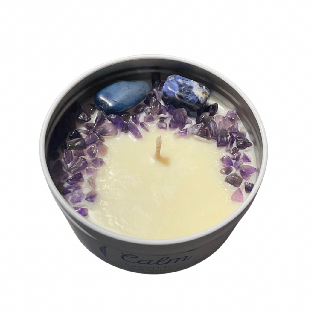 “Calm” crystal infused candle tin