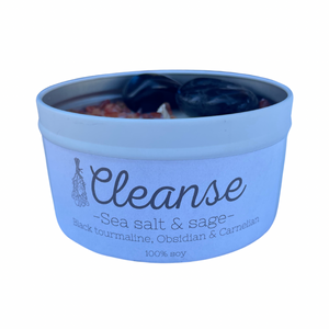 “Cleanse” crystal infused candle tin