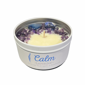 “Calm” crystal infused candle tin